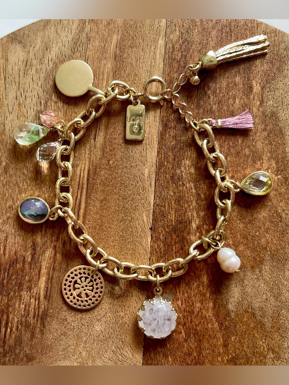 LOFT Gold Charm Bracelet with Pink Tassel and Multi Gem Accents